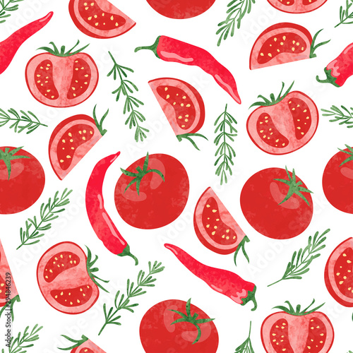 Seamless watercolor vegetable pattern with tomatoes and chili peppers.