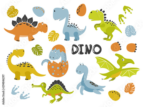 Set of funny cartoon dinosaurs for kids. Vector illustration.