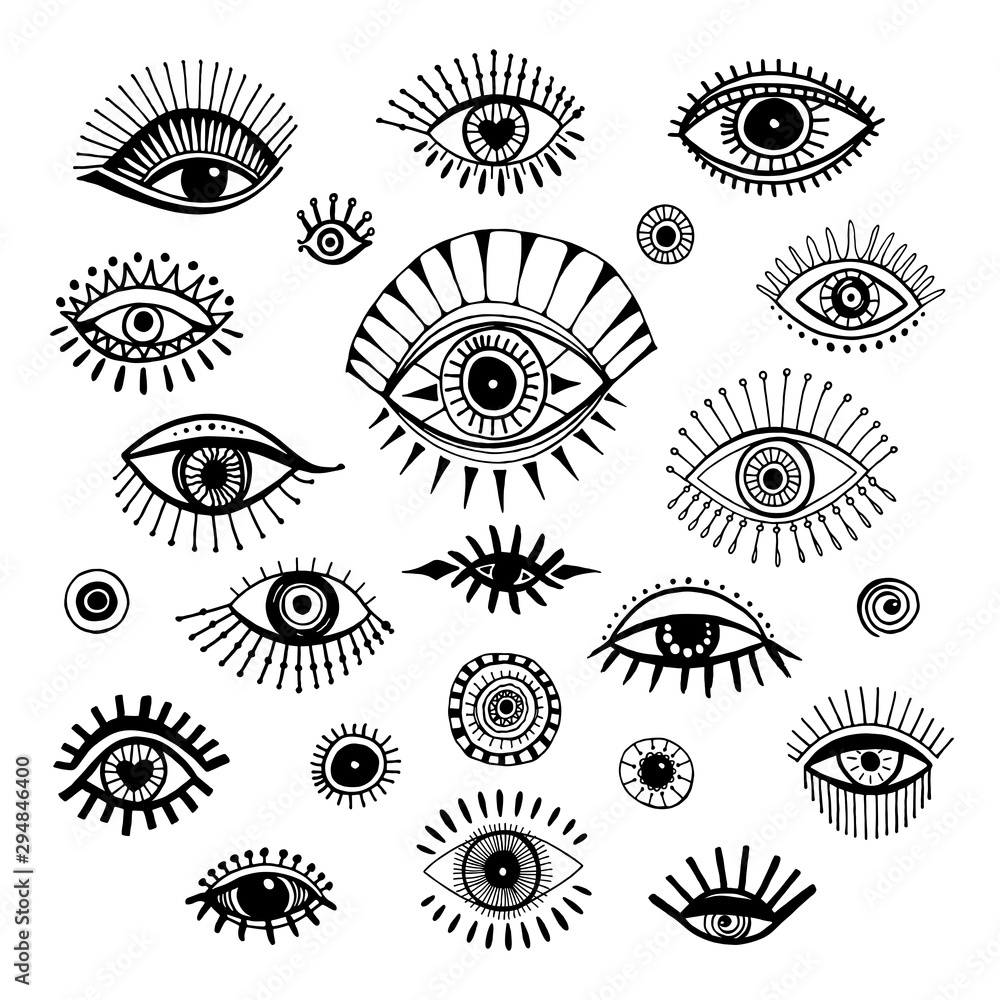 Fototapeta Eyes set hand drawn, doodle symbol icons, design element, ink drawn eye. Abstract isolated vector illustration on white background.