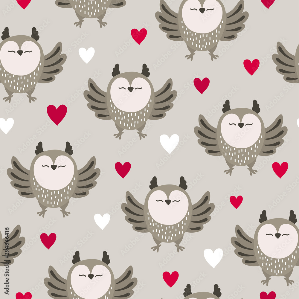 Seamless cute cartoon owls pattern with hearts. Seamless cute cartoon owls pattern with hearts.