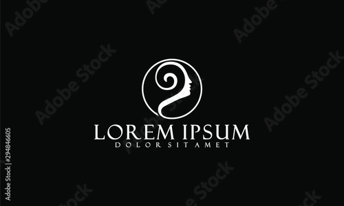 Initial letter P logo template with woman beauty face and rounded cursive line art illustration in flat design monogram symbol