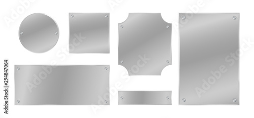 Metal plates with rivets set. Silver colored badges. Vector design elements.