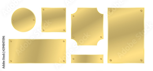 Metal plates with rivets set. Golden colored badges. Vector design elements.