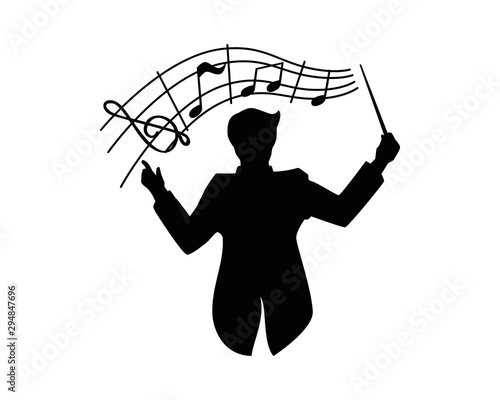 Music Conductor Conduct the Orchestra combined with Musical Notes Silhouette