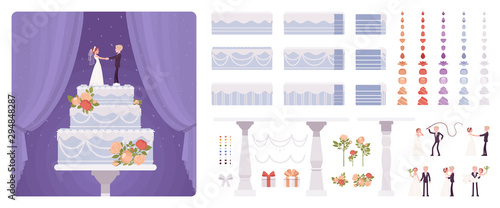 Wedding cake with bride and groom figurines, cream, frosting construction set, special day party creation, decoration elements to build your own design. Cartoon flat style infographic illustration