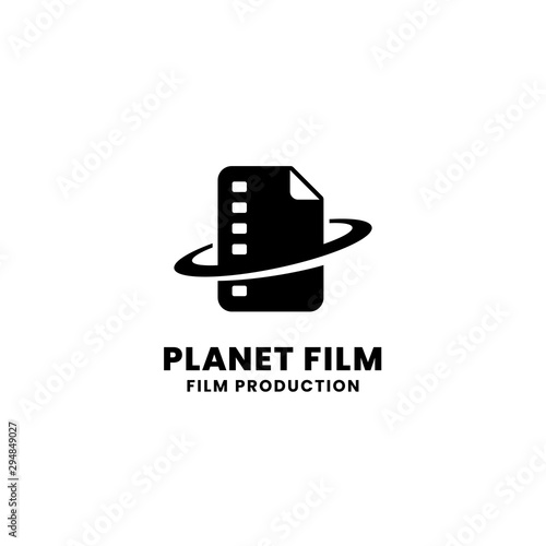 Planet film document logo design. Document film strip with saturn ring vector illustration for creative cinema movie studio product graphic template.