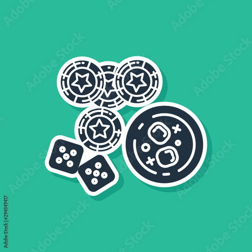 Blue Casino chips, game dice and glass of whiskey with ice cubes icon isolated on green background. Casino poker. Vector Illustration