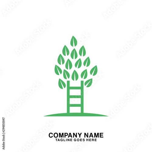 Tree with stairs logo illustration. Geometric, stylized, label, logo, icon, nature, green, organic, outdoors design