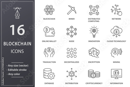 Blockchain technology line icons set. Black vector illustration. Editable stroke.