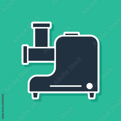 Blue Kitchen meat grinder icon isolated on green background. Vector Illustration