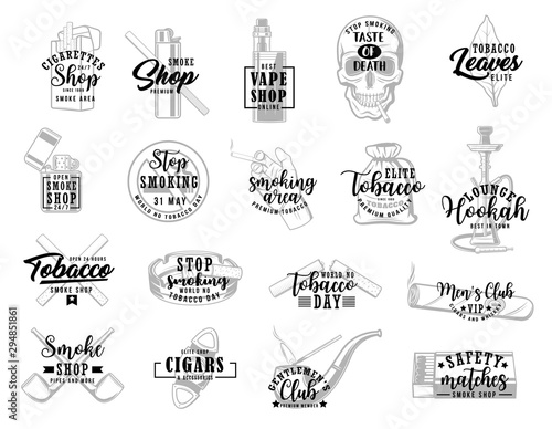 Smoke, cigarettes and tobacco leaves, smoking sign