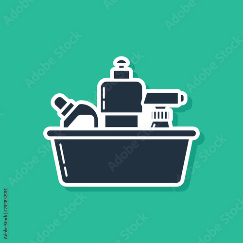 Blue Plastic bottles for liquid laundry detergent, bleach, dishwashing liquid or another cleaning agent icon isolated on green background. Vector Illustration