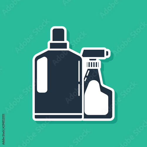 Blue Plastic bottles for liquid laundry detergent, bleach, dishwashing liquid or another cleaning agent icon isolated on green background. Vector Illustration