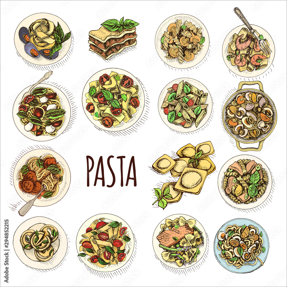 Vector illustration sketch - pasta. Set Italian food. Vector illustration sketch - pasta. Set Italian food.