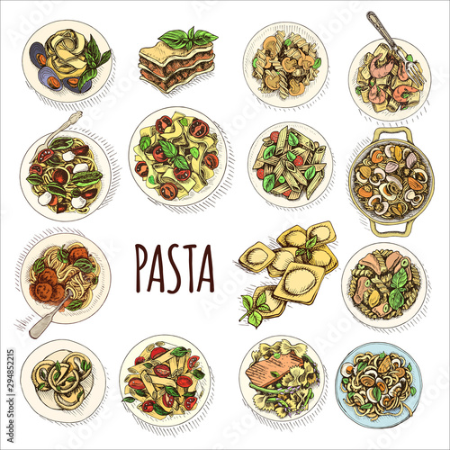 Vector illustration sketch - pasta. Set Italian food.