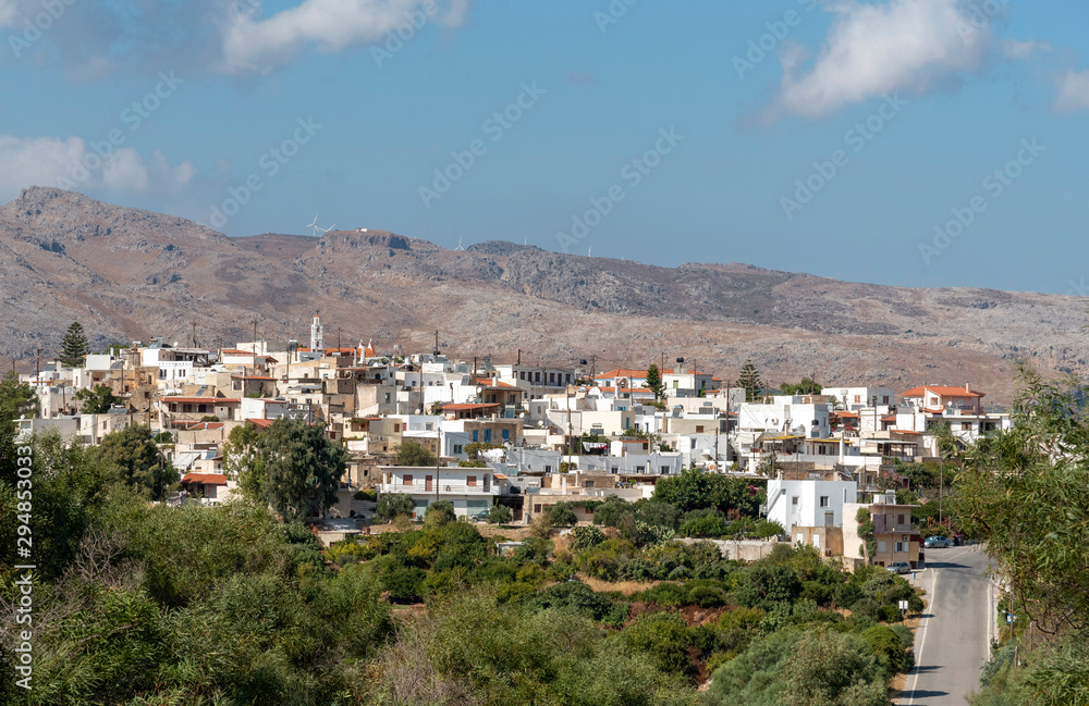 Lithines, Crete, Greece. September 2019.  Viewed from the south the ancient mountainside village of Lithines situated between the northern town of Sitia and Makrigiales in the south of Crete.