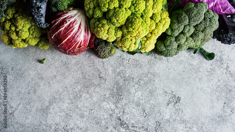 Cabbage of different varieties on a light background, cauliflower, radicchio, broccoli, Kale. - obrazy, fototapety, plakaty 