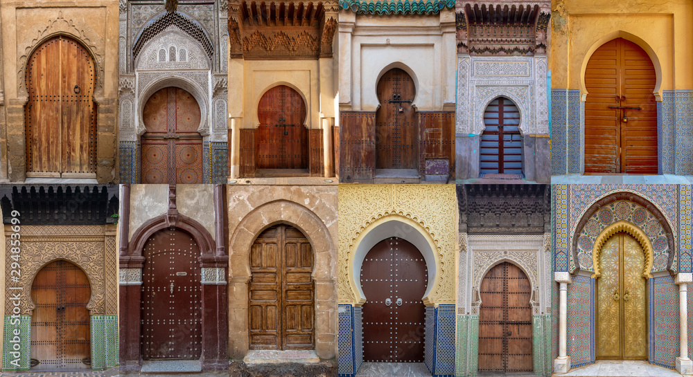 Collage of wooden, colourful and antic doors from Morocco. Traditional Moroccan entry door. with tiles.