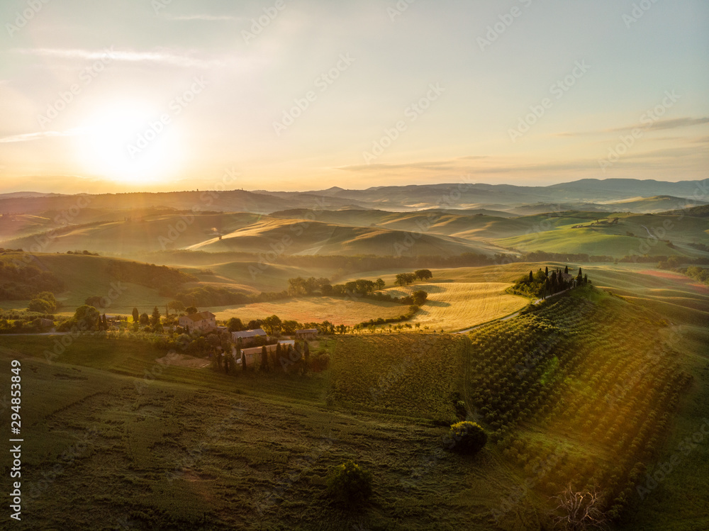 Obraz premium Tuscany countryside hills, stunning aerial view in spring.