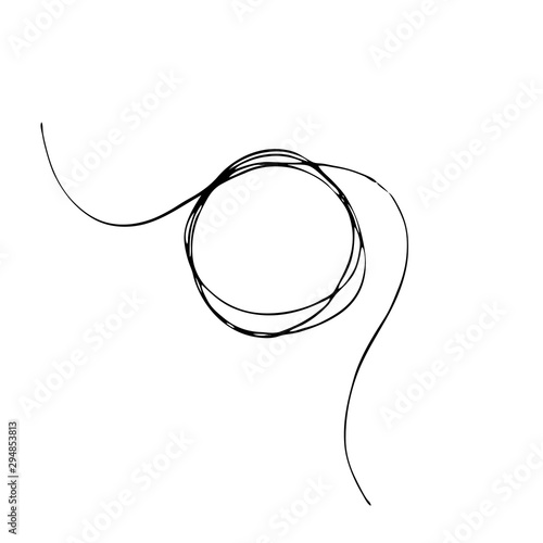 Thread scribble circle frame. Black line abstract scrawl sketch. Vector illustration of chaotic doodle shape.