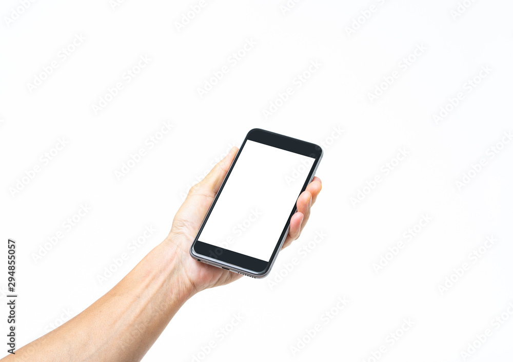 Man hand holding black smartphone isolated on white background, clipping path Man hand holding black smartphone isolated on white background, clipping path