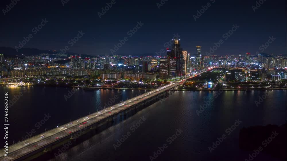 flight over seoul city night illumination traffic bridge road aerial panorama 4k timelapse south korea flight over seoul city night illumination traffic bridge road aerial panorama 4k timelapse south korea