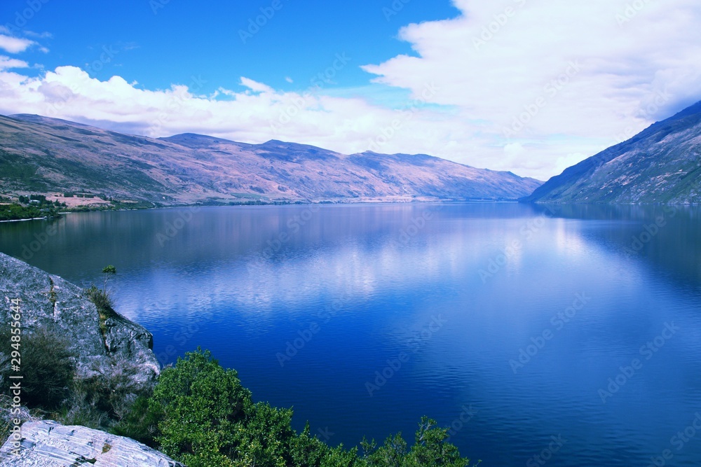 Lake in New Zealand - Wakatipu. Retro filtered colors style.