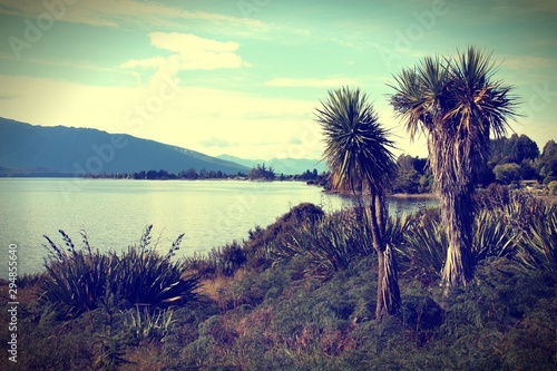 New Zealand lake - Te Anau. Retro filtered colors style. © Tupungato