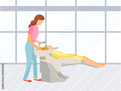 Hair washing procedure before haircut in beauty salon. Female client getting her hairstyle done. Professional shampoo, stylist hairdresser. Modern salon with big widows. Vector in flat cartoon style