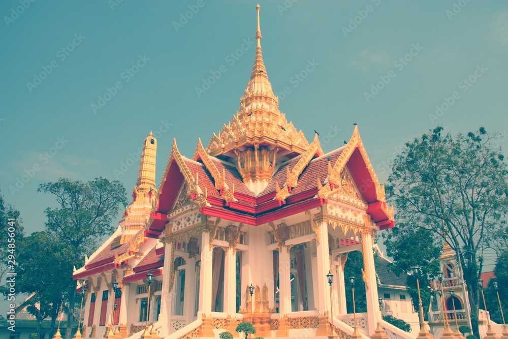 Fototapeta premium Buddhist temple in Kanchanaburi, Thailand. Retro filtered colors style.