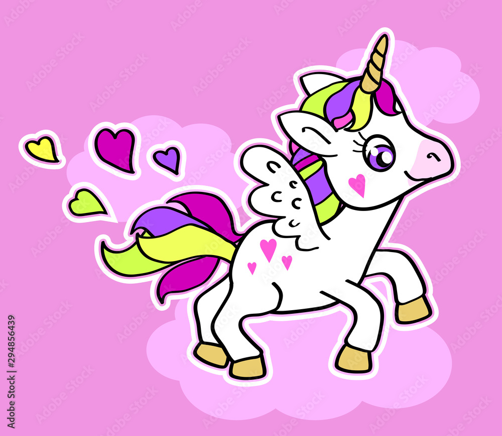 Naklejka premium Cute unicorn runs through the clouds on a pink background. Vector illustration. 