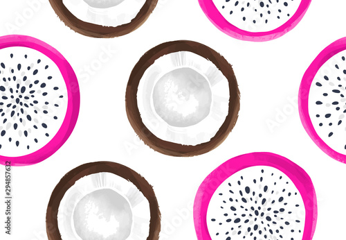 Vector seamless pattern with dragon fruit and coconut. Pitaya or Pitahaya background.