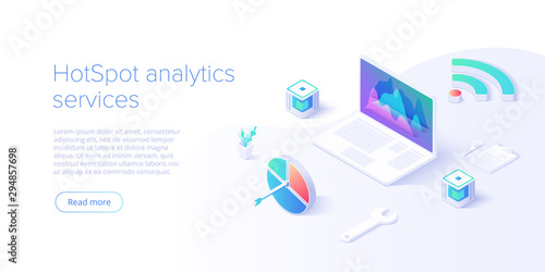 Wi-fi network analysis concept in abstract vector illustration. Hotspot statistics with laptop. Creative website layout or landing page template. Web banner concept.