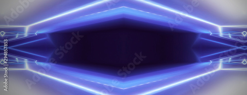 Empty stage background in purple color, spotlights, neon rays. Abstract background of neon lines and rays. Abstract background with lines and glow. Empty stage the reflection of neon lights © MiaStendal