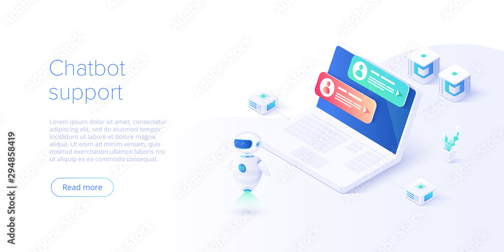 Chatbot artificial intelligence network concept in isometric vector illustration. Neuronet or ai technology background with robot head and connections of neurons. Web banner layout template Chatbot artificial intelligence network concept in isometric vector illustration. Neuronet or ai technology background with robot head and connections of neurons. Web banner layout template