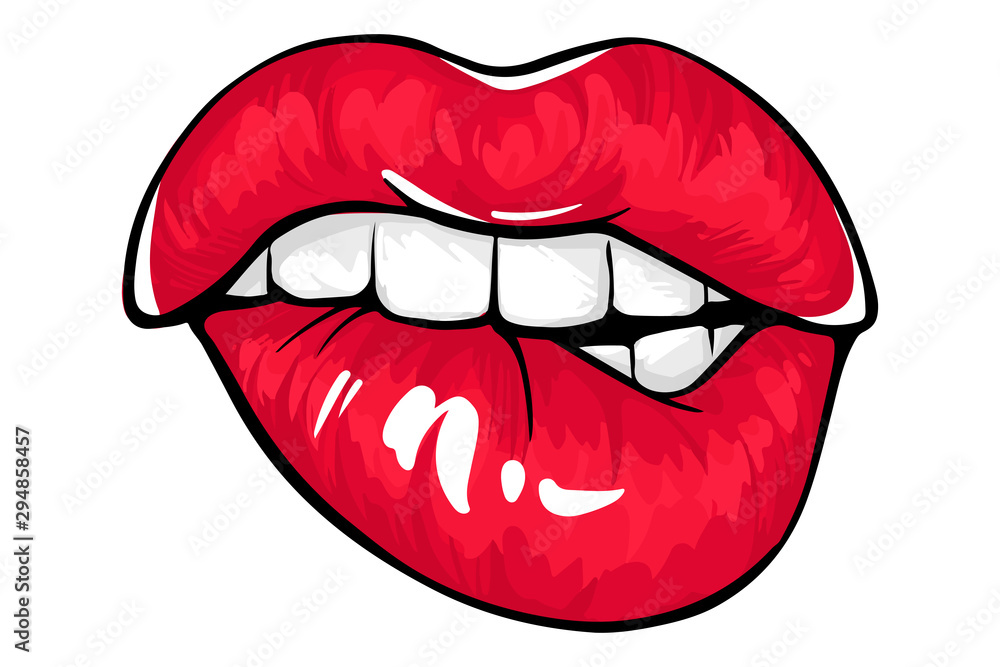 Fototapeta Seksowne usta, przygryzaj wargę. Obgryzanie warg. Kobiece usta pomadką w kolorze fuksji.