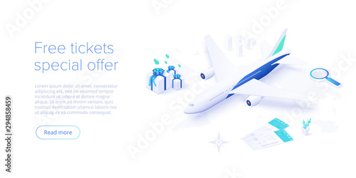 Travelling by air concept in isometric vector illustration. Around the world flight tour or trip. Cheap airline tickets searching and booking service Website layout or web banner template.