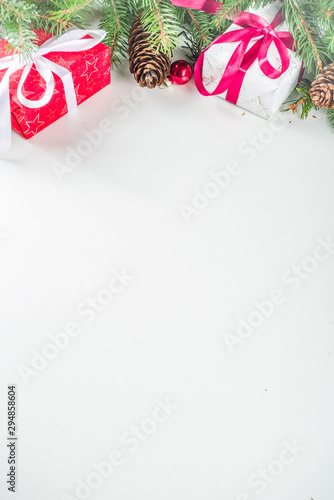 Christmas greeting card background with fir tree and decoration  white table background flat lay top view copy space