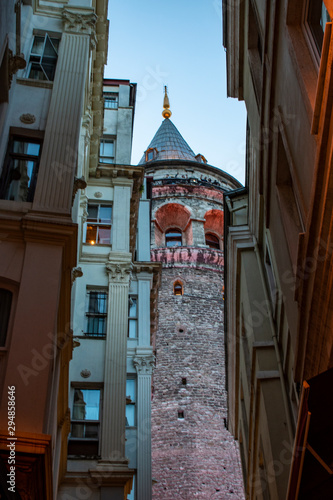 Istanbul, Turkey: the Galata Tower, a medieval stone tower built by Genoese in 1348 in the Karakoy quarter, a cone-capped cylinder dominating the skyline and offering panoramic vista of the city