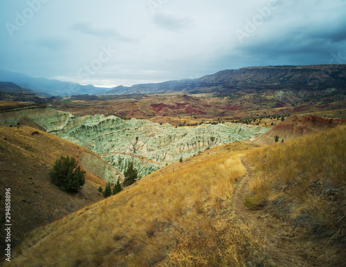 Breathtaking views of the grey-blue badlands and the John Day river valley from the Blue Basin Overlook Trail at the John Day Fossil Beds in Kimberly Oregon