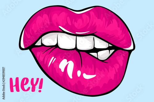 Sexy lips, bite one's lip. Lips Biting. Female lips with fuchsia lipstick.