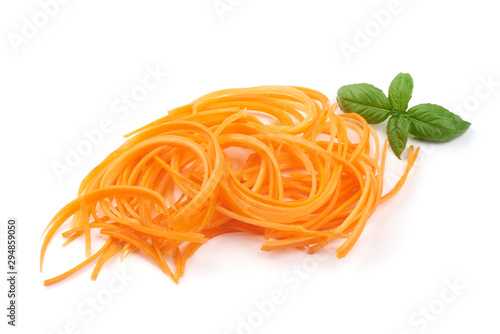Grated raw carrots in Korean style, Korean carrots in a white bowl, isolated on white background