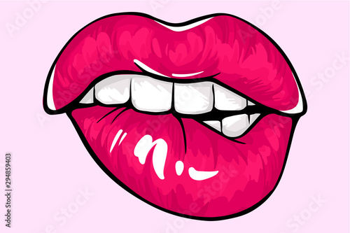 Sexy lips, bite one's lip. Lips Biting. Female lips with fuchsia lipstick.