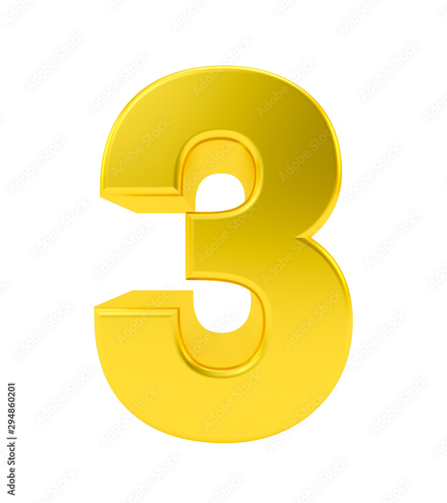 Gold metal number 3 three isolated on white background, 3d rendering. Gold metal number 3 three isolated on white background, 3d rendering.