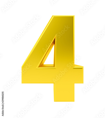 Gold metal number 4 four isolated on white background, 3d rendering.