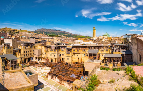 Fes, Morocco. Old town panorama,tanneries and tanks with color paint for leather. Morocco Africa photo