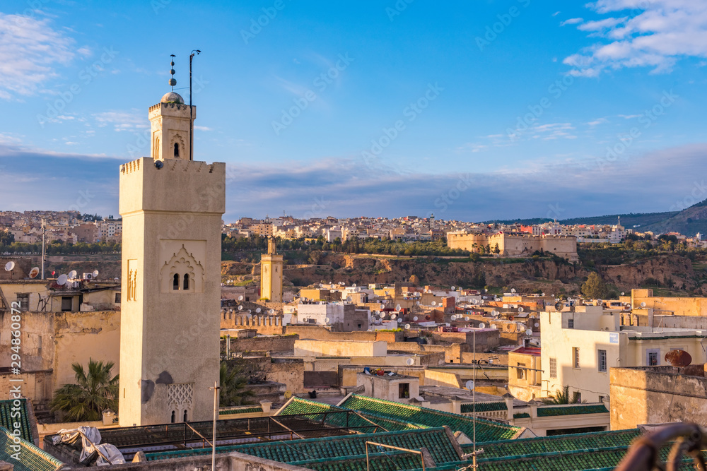 Fes, Morocco Africa. Old town panorama with Qaraouiyine Mosque and medina