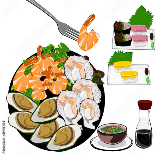 Mussels, Scallops and Crabs, Prawns, Grilled Seafood and Spicy Dipping Sauce. Asian, Thai, Japanese, Korean food.