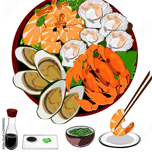 Mussels, Scallops and Crabs, Prawns, Grilled Seafood and Spicy Dipping Sauce. Asian, Thai, Japanese, Korean food.