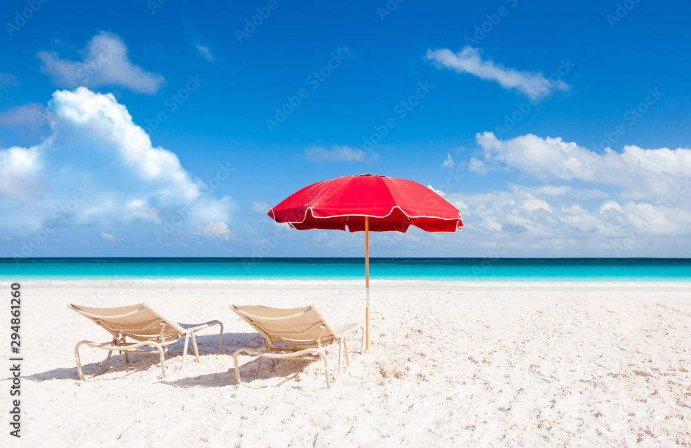 Summer Beach Scene with Red Umbrella